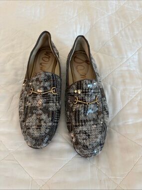 Sam Edelman Sequined Plaid Loafers in Silver and Black